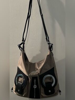 NEW KL928 Purse/Backpack, Adjustable Strap Beige and Black with Silver Hardware